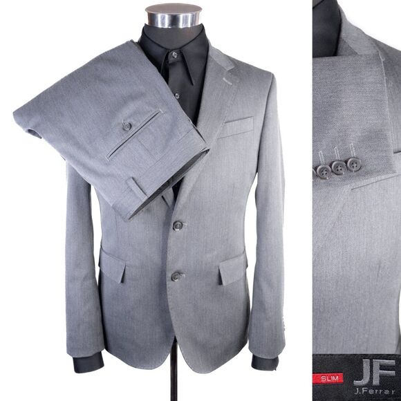 J Ferrar 2-Pcs Suit SLIM Gray Poly Blend Jacker Blazer Sz 38S Pants 34X30 EUC
